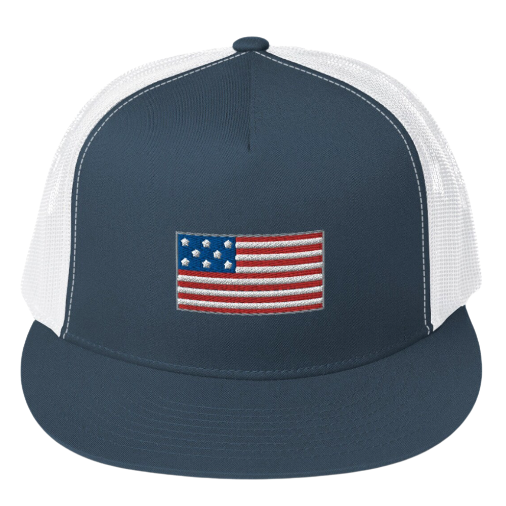 Y 6006 5 Panel Flat Bill Trucker Hat Embroidered American Flag Custom Color Breathable Mesh Adjustable Snapback Closure Unisex 6