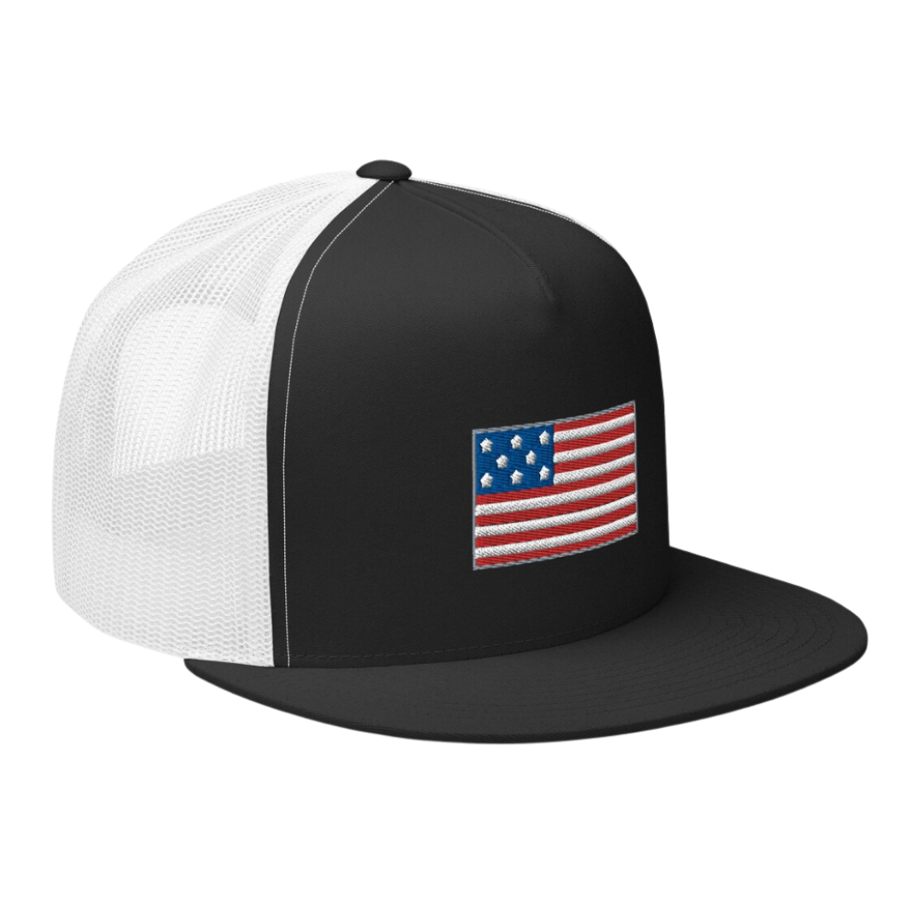 Y 6006 5 Panel Flat Bill Trucker Hat Embroidered American Flag Custom Color Breathable Mesh Adjustable Snapback Closure Unisex 4